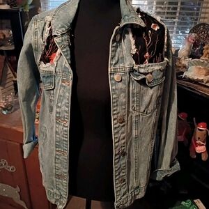 Sybilla Designer Distressed Denim Jacket Rose Lace Inlay Women's Medium